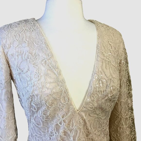 Tadashi Sho Tan Plunge V-Neck LS Lined Embroidered Lace Mini Dress 12 NWT - Picture 3 of 9